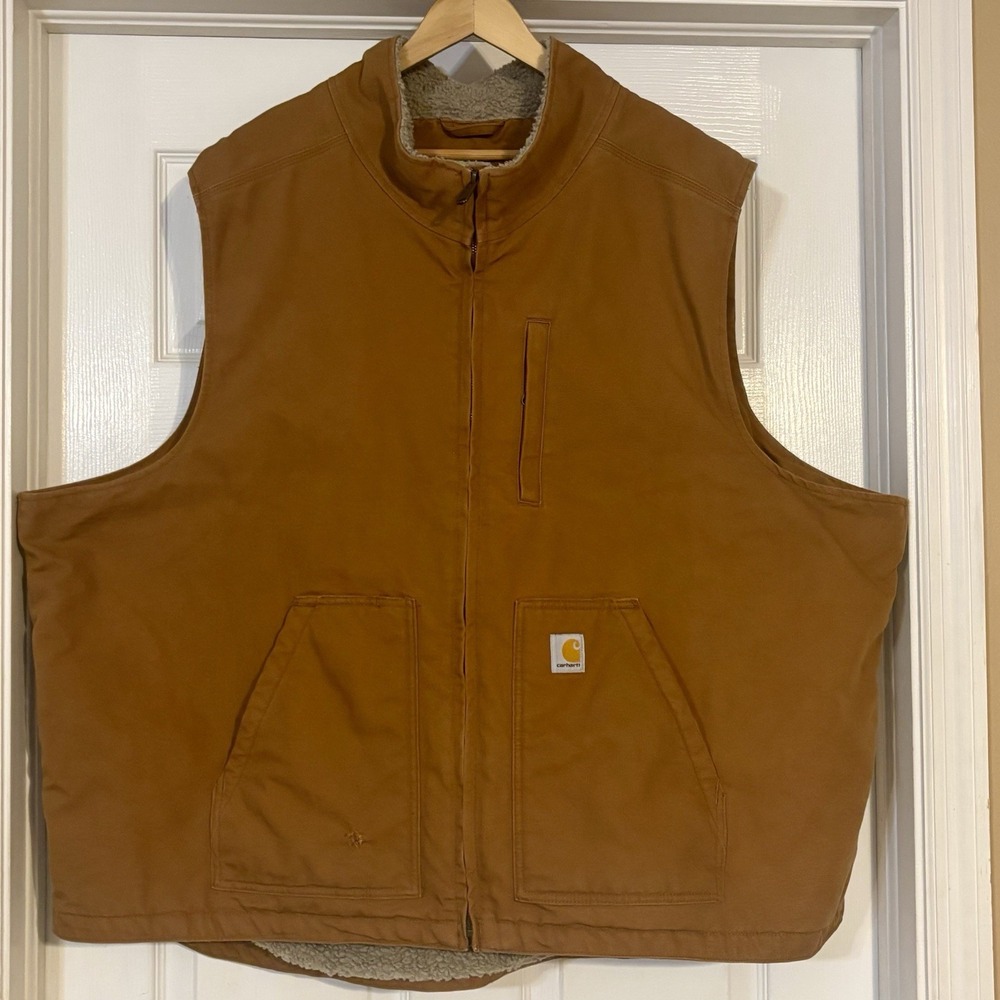 Vintage Carhartt Sherpa Lined Brown High Neck Duck Vest Work Hunt Size 4XL